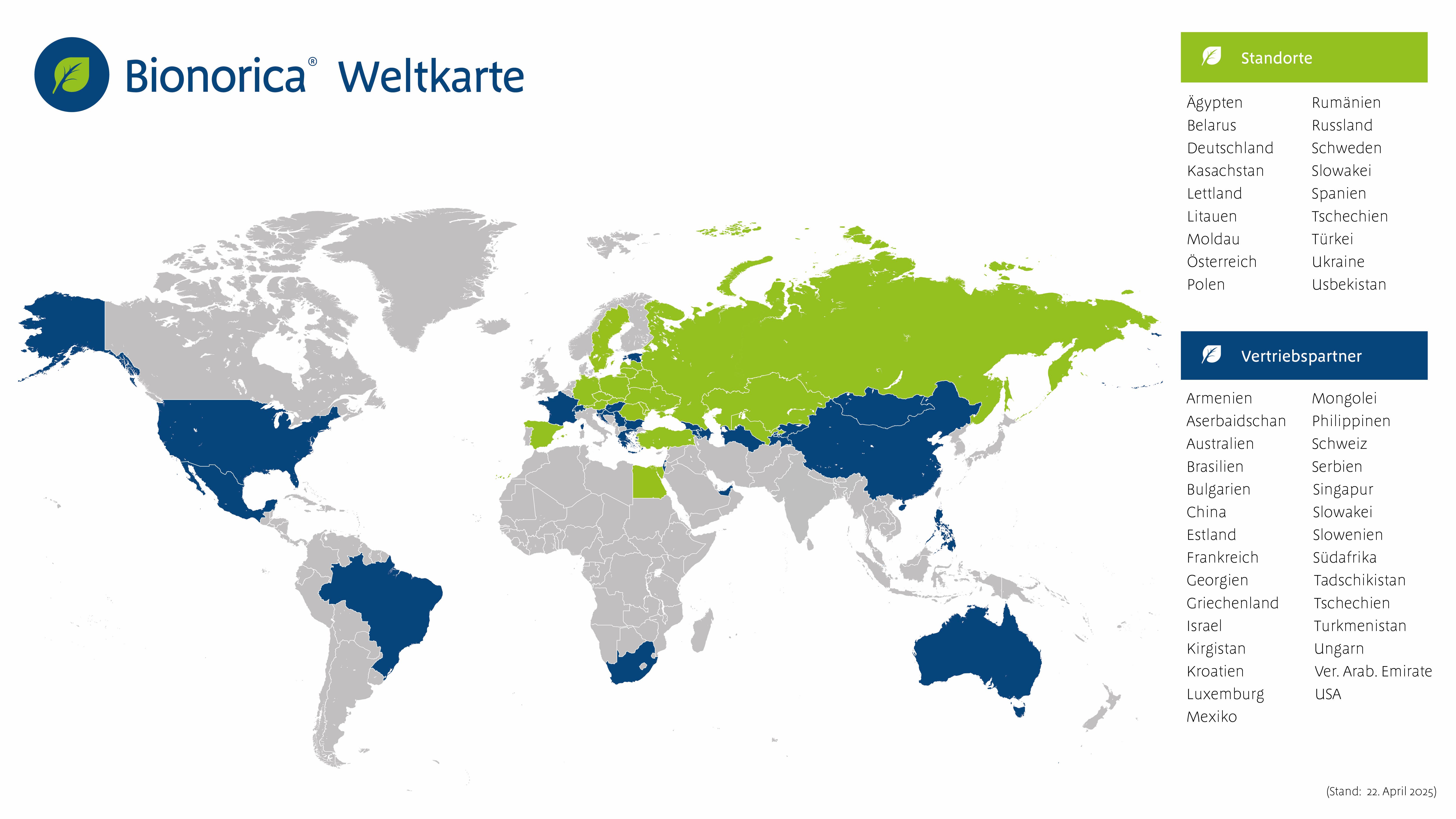 Die Bionorica Weltkarte zeigt alle Länder, in denen Bionorica mit eigenem Standort oder Vertriebspartner tätig ist.